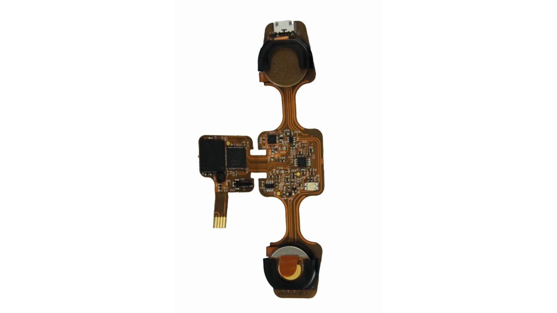 Eine Nahaufnahme einer elektronischen Flex-Leiterplatte mit mehreren Komponenten und Anschlüssen, isoliert auf weißem Hintergrund.