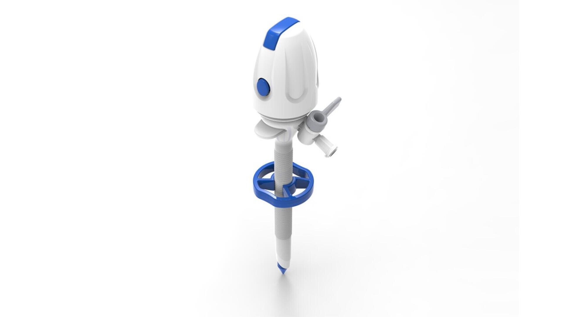 A white and blue object resembling a rocket with wings, mounted on a vertical spring-like base, stands upright against a plain white background.