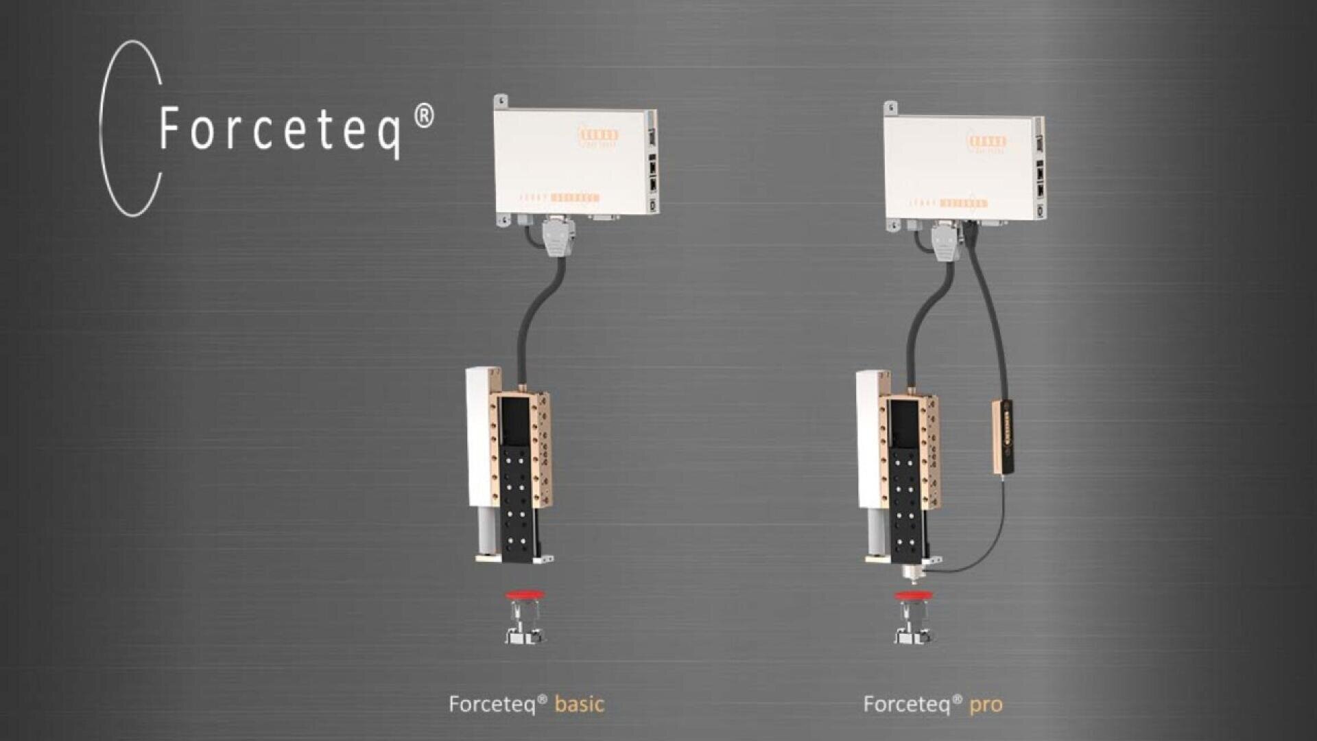 Diagram showing two Forceteq devices labeled Forceteq basic and Forceteq pro, each with electronic components and wiring, against a gray background with the Forceteq logo on the left side.