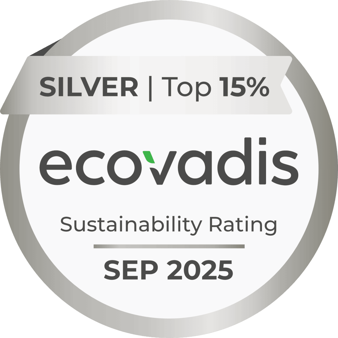 A circular badge with a silver edge and ribbon bears the inscription SILVER | Top 15% at the top, the ecovadis Sustainability Rating in the middle and SEP 2025 at the bottom.