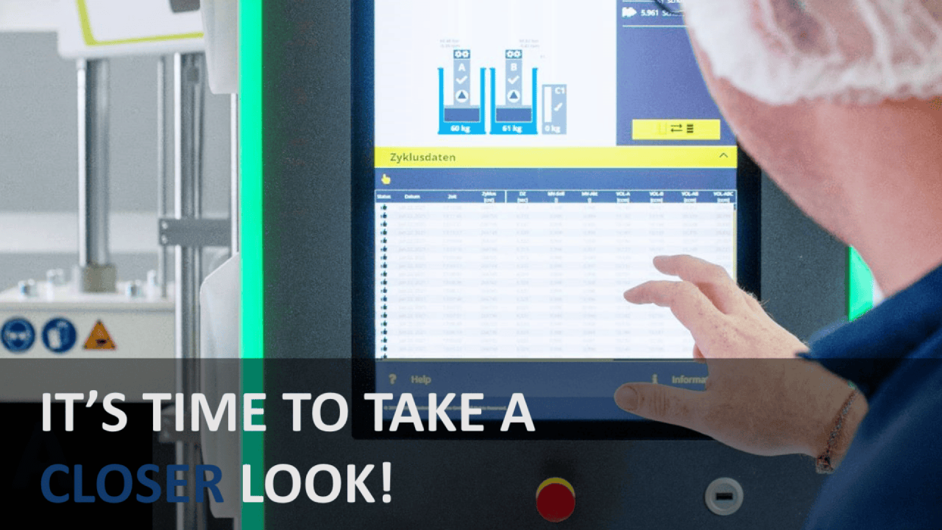 A person using a large touchscreen monitor displaying data charts. The foreground text reads, “IT’S TIME TO TAKE A CLOSER LOOK!” with “CLOSER” highlighted in blue.