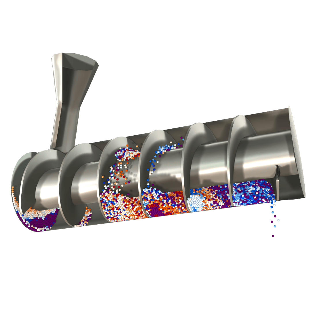 Eine 3D-gerenderte Illustration einer Metallschnecke, die mehrfarbiges Granulat durch segmentierte Abschnitte bewegt, wobei einige Granulate am rechten Ende austreten.