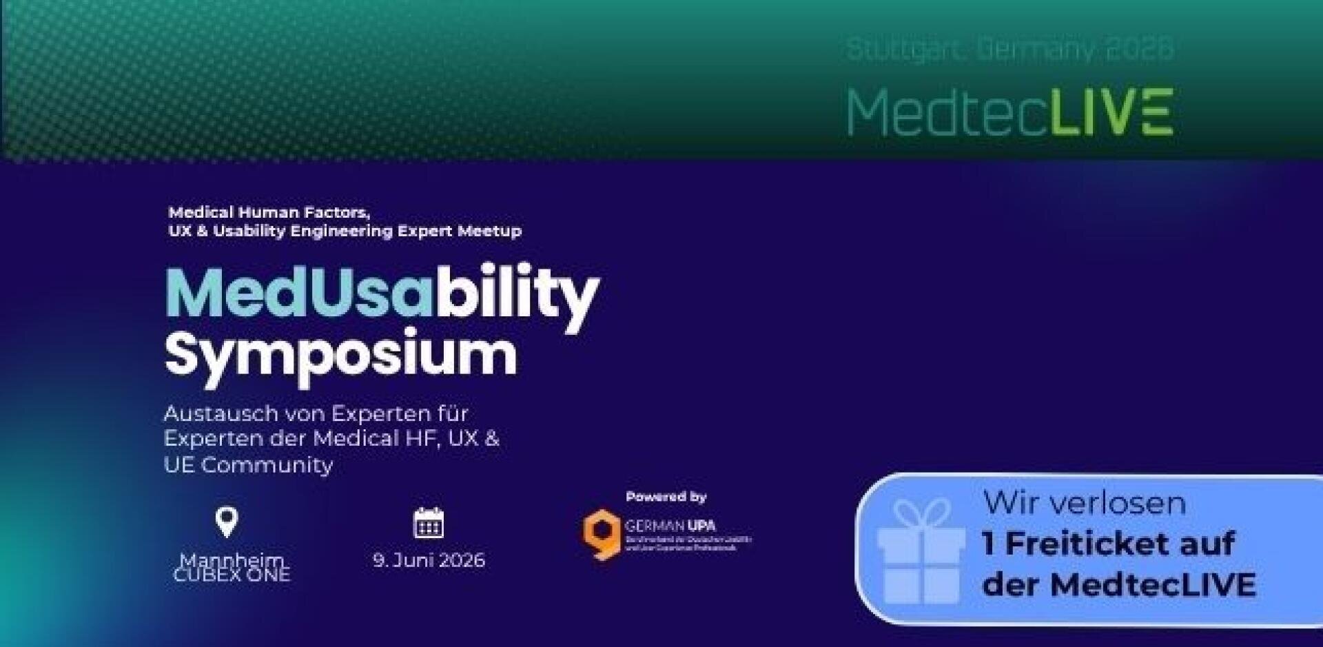 A digital banner for the MedUsability Symposium on June 9, 2026, in Mannheim. It shows event details, a giveaway for a free ticket, and the MedtecLIVE logo on a green-blue gradient background.