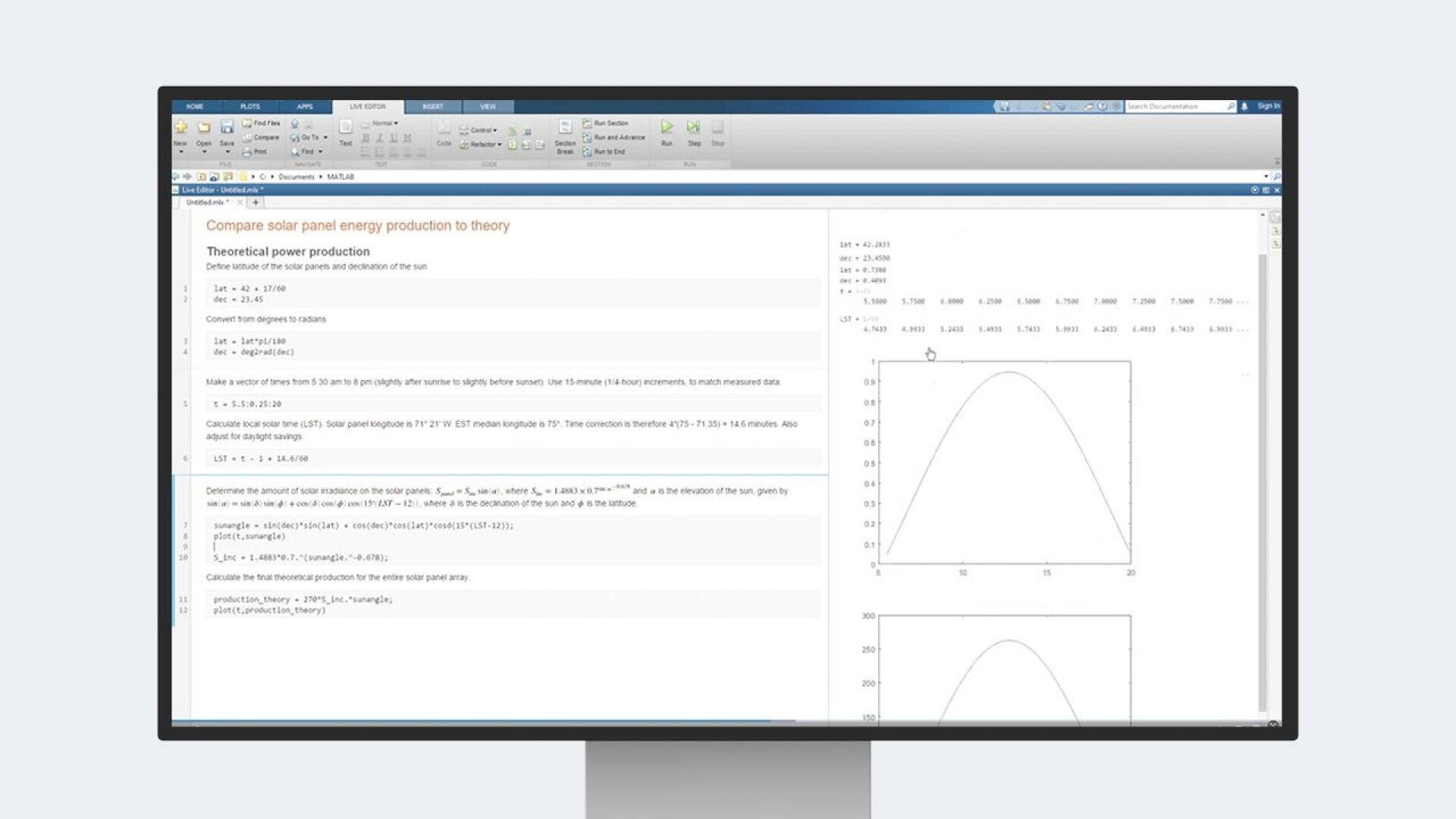 Auf einem Computermonitor wird eine MATLAB-Software mit Code und Diagrammen zur theoretischen Energieerzeugung durch Solarzellen angezeigt, wobei Berechnungen und zwei Diagramme auf weißem Hintergrund dargestellt werden.