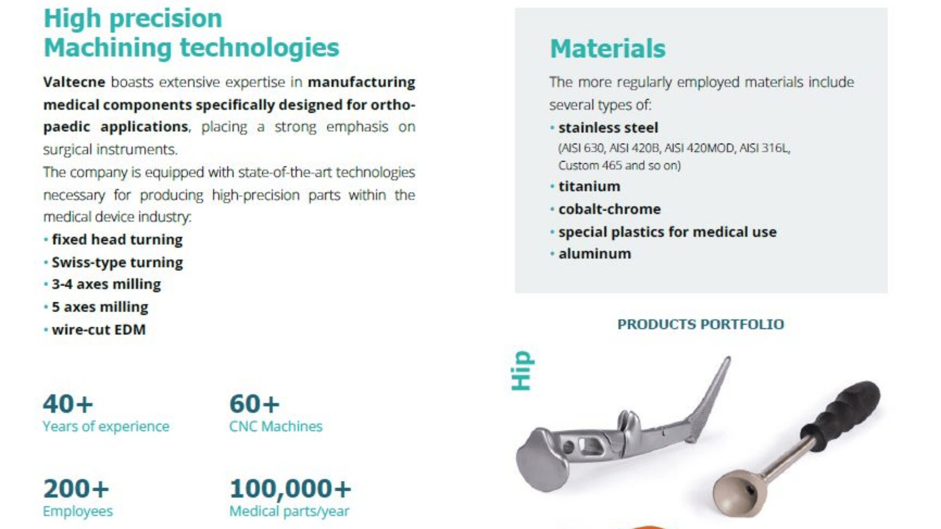 A brochure highlights high-precision machining technologies for medical components, lists materials like stainless steel and titanium, presents company statistics, and shows images of orthopedic hip implants.