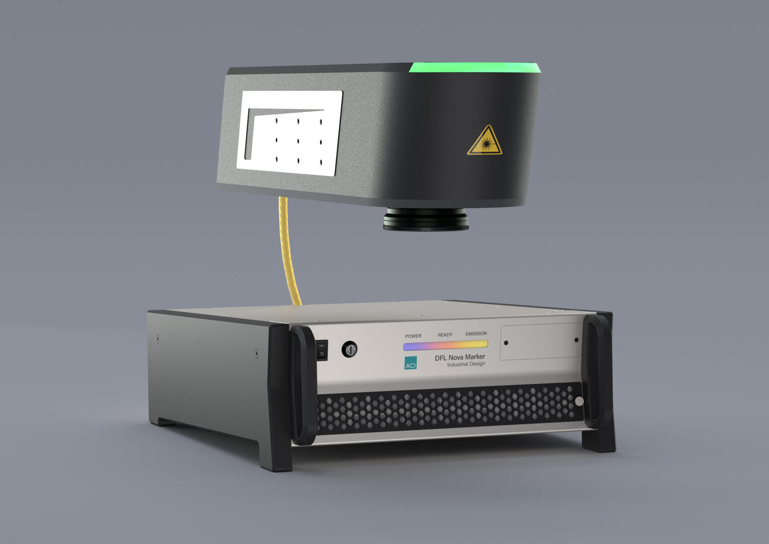 A compact industrial laser marking device with a rectangular control unit connected by a yellow cable to a black laser head hanging above it, set against a plain gray background.