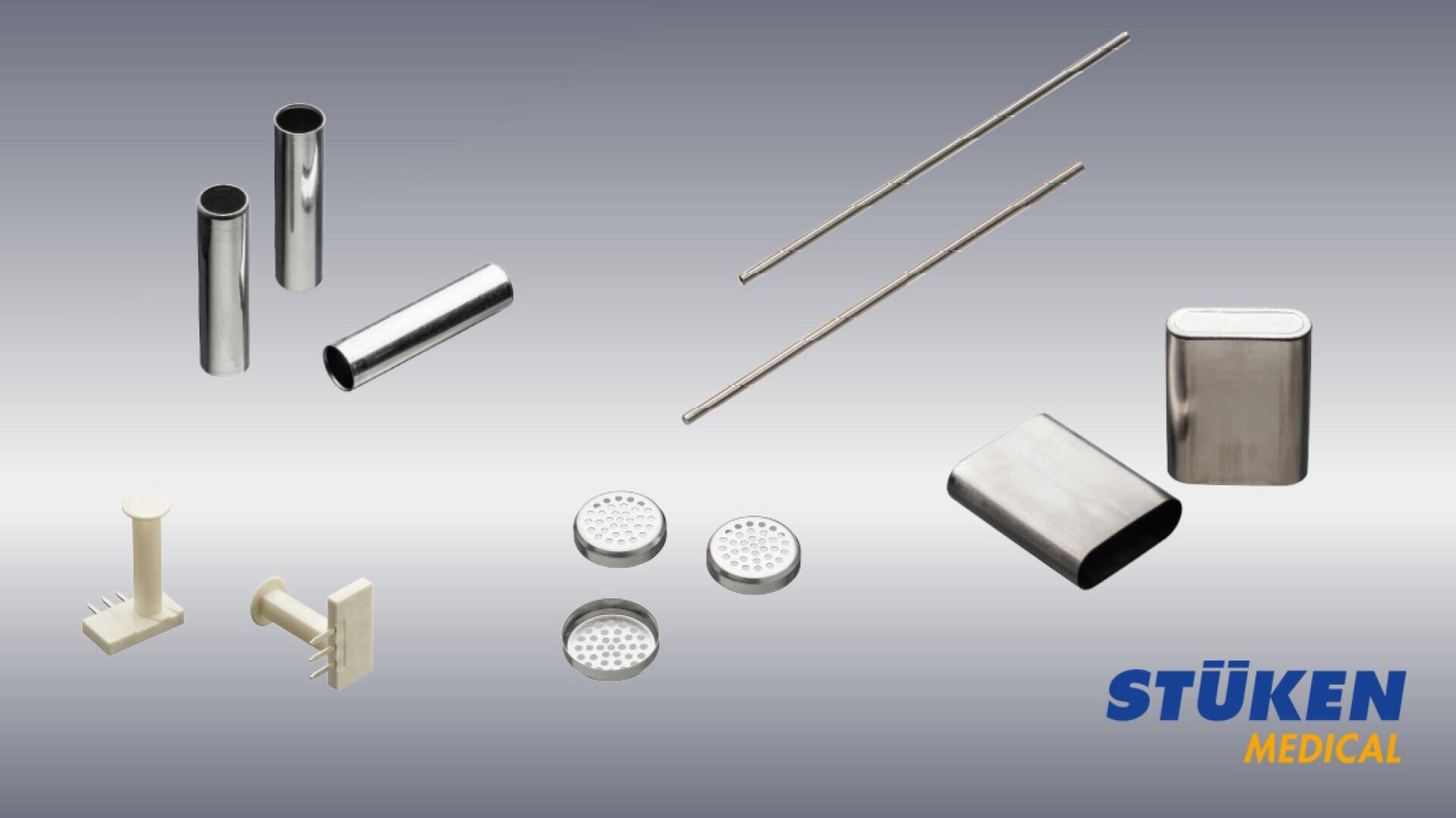 A variety of metal and plastic medical device components are displayed on a gradient background, with the STÜKEN Medical logo in the bottom right corner.