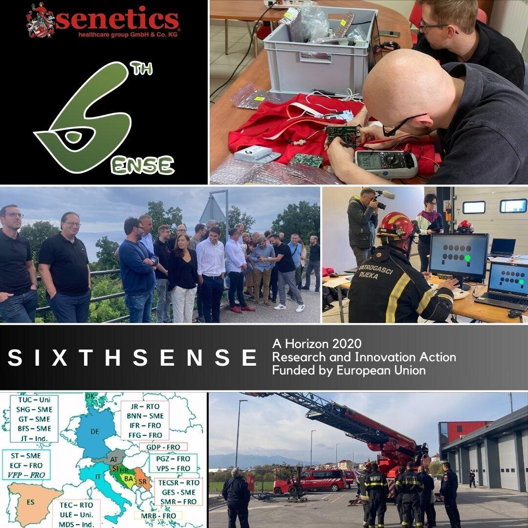 Eine Collage über das Projekt SIXTHSENSE zeigt Menschen, die mit medizinischen Kits arbeiten, Technologie verwenden, eine Demonstration beobachten, Feuerwehrleute mit Rettungsausrüstung, einen Projekttitel und eine Europakarte mit Partnerstandorten.