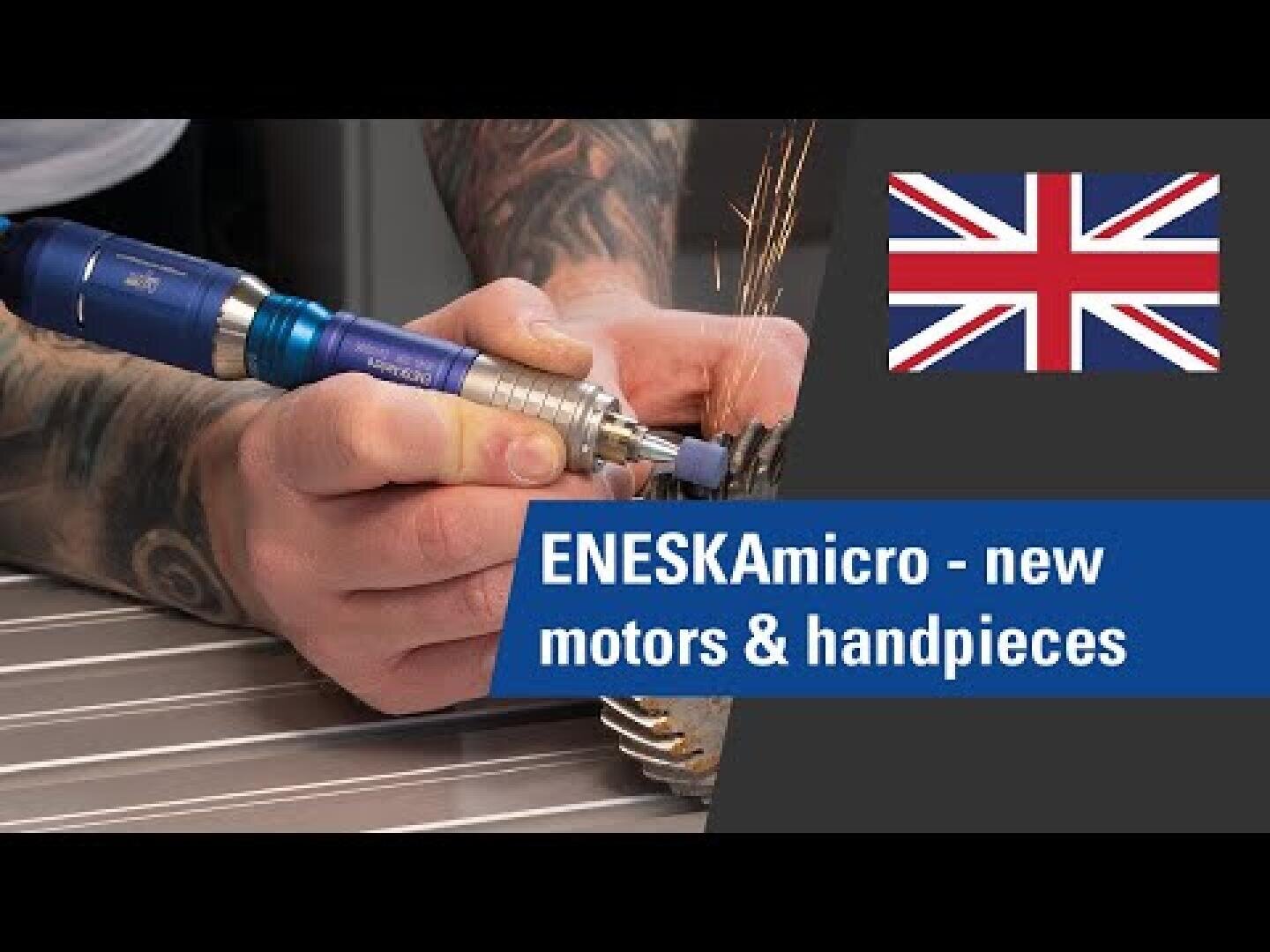 A person uses a blue handheld tool on a metal object, with the UK flag and the text ENESKAmicro - new motors & handpieces displayed on a dark background.