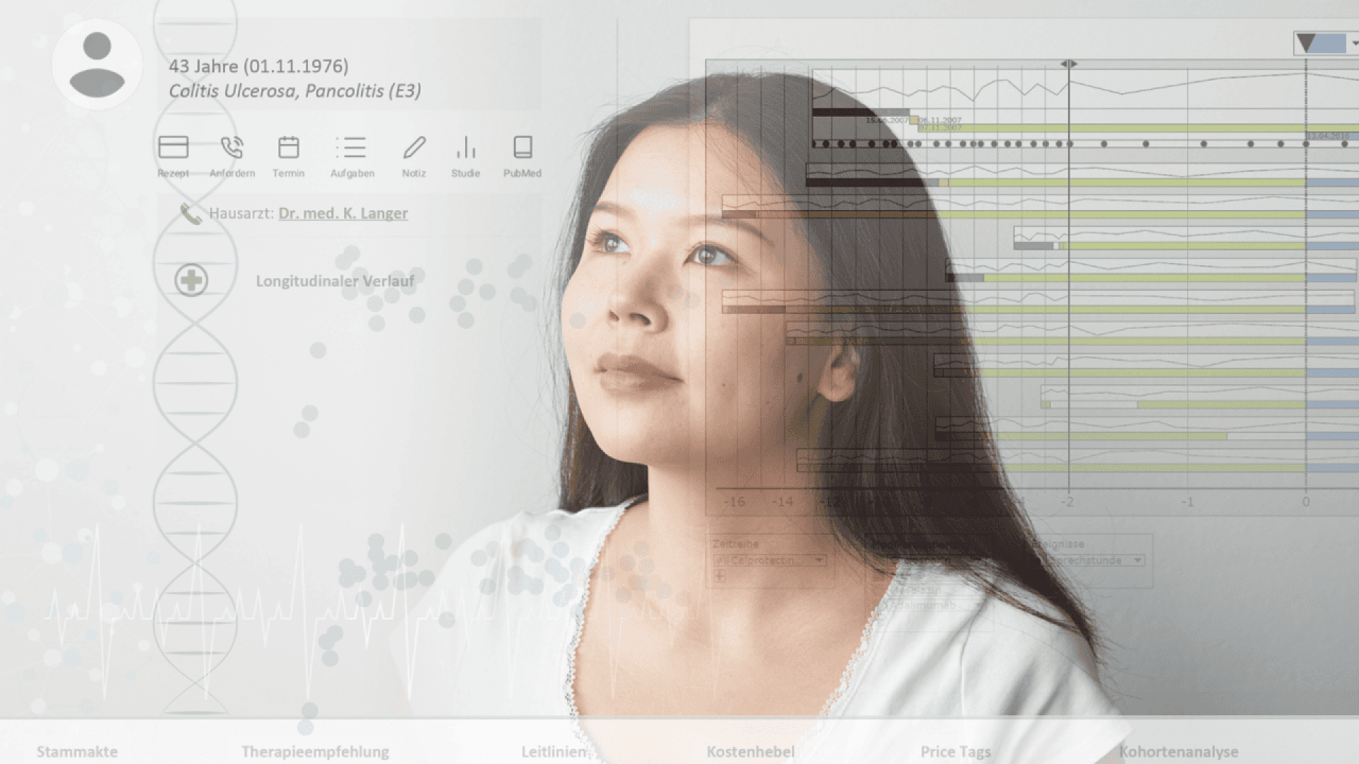 A woman looks thoughtfully upward, overlaid with medical charts, genetic data, and patient details about colitis ulcerosa. The image blends health data visualization with a contemplative expression.