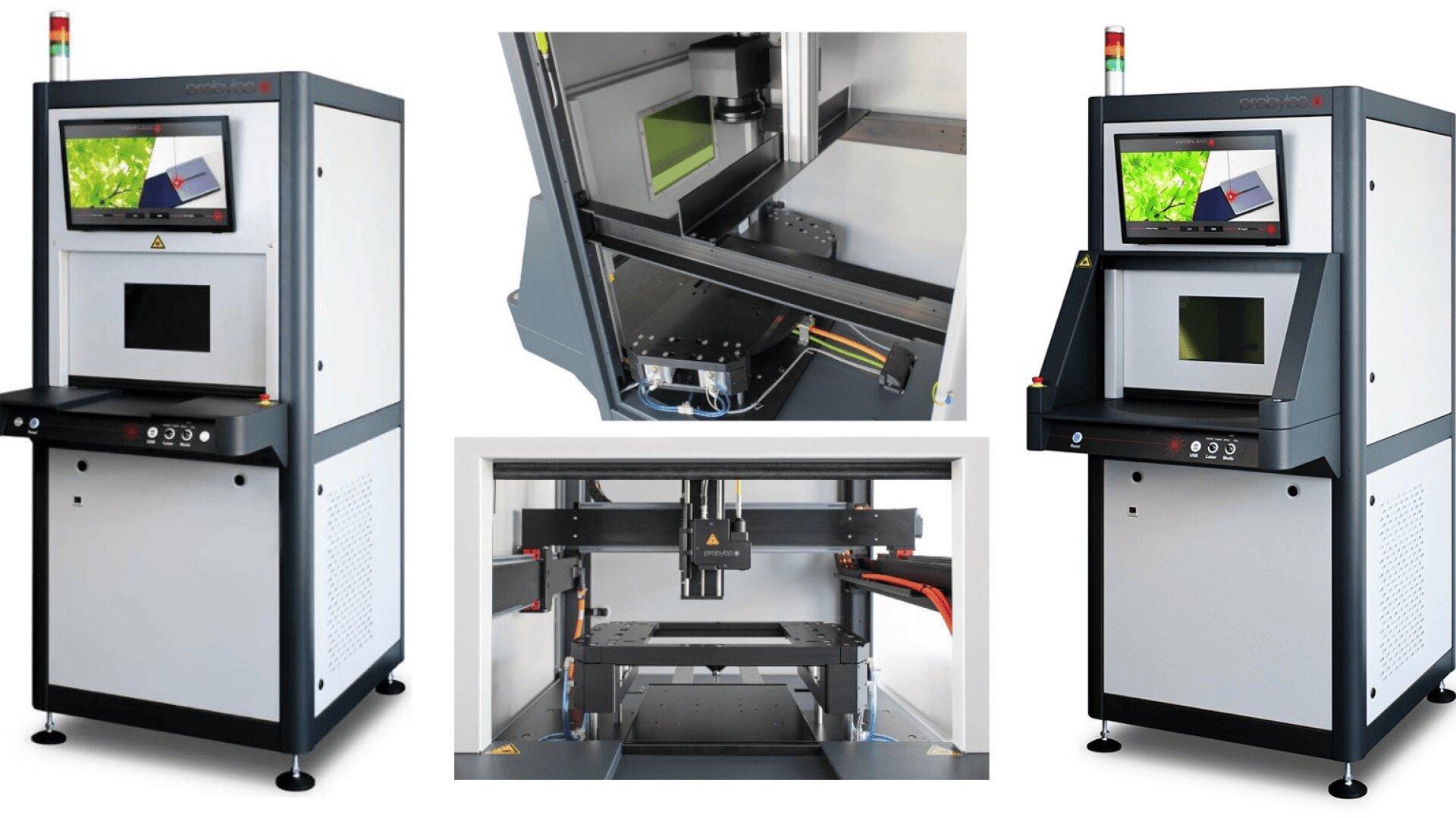 Drei Ansichten eines großen industriellen 3D-Druckers mit Bildschirmen: Vorderseite, Schrägansicht und Nahaufnahme des internen Druckbereichs mit Druckkopf und Plattform. Das Gerät hat einen Metallrahmen und Steuertasten.