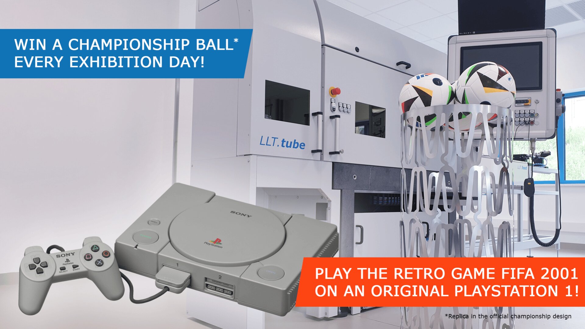 A PlayStation 1 console and controller are shown in front of modern football testing equipment with championship soccer balls. Text promotes a chance to win a ball and play FIFA 2001 on the PlayStation 1 during an exhibition.