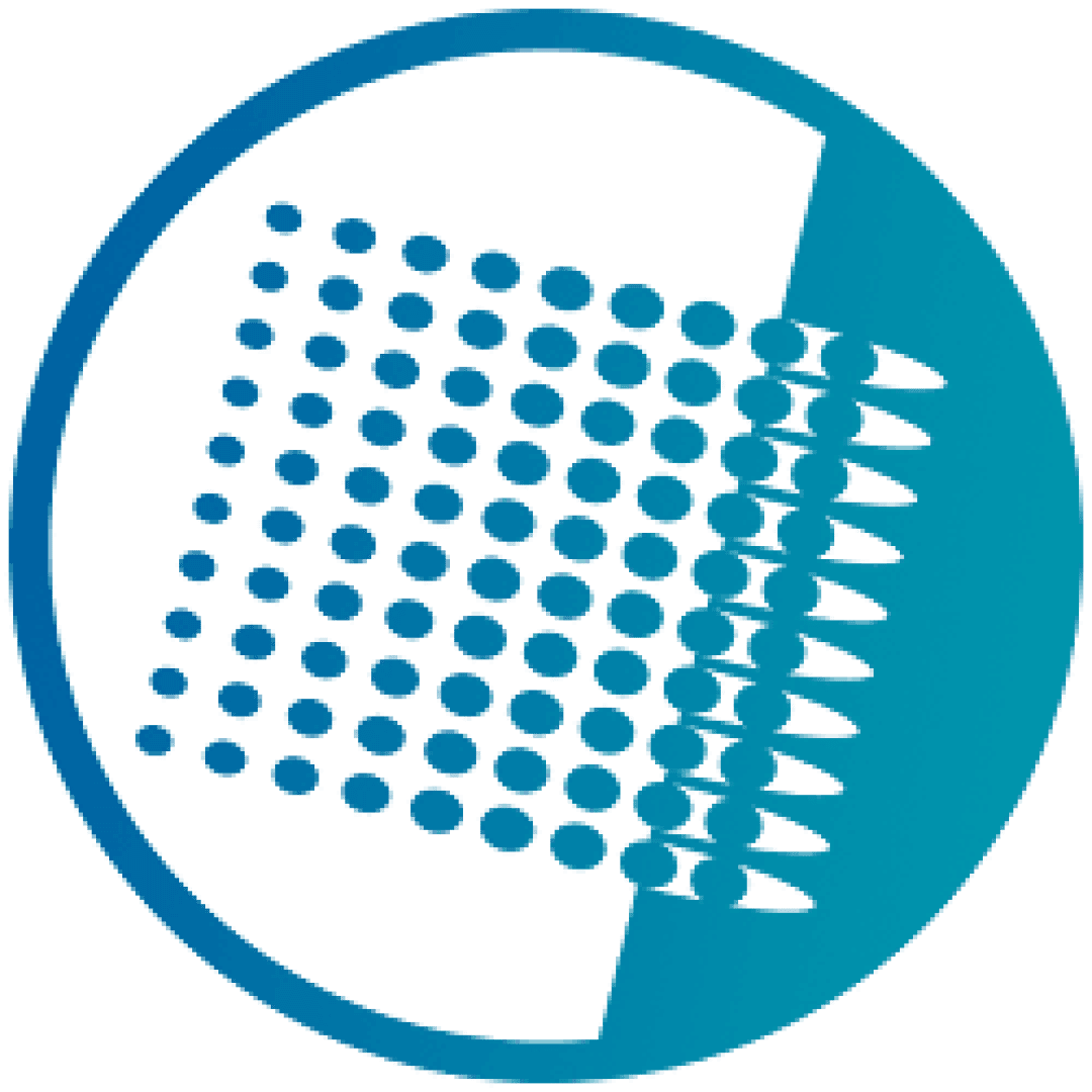 Ein blaues, kreisförmiges Symbol, das auf der einen Hälfte gleichmäßig verteilte Punkte und auf der anderen Hälfte längliche, ovale Formen zeigt, die einen Übergang oder eine Transformation zwischen den beiden Mustern andeuten.