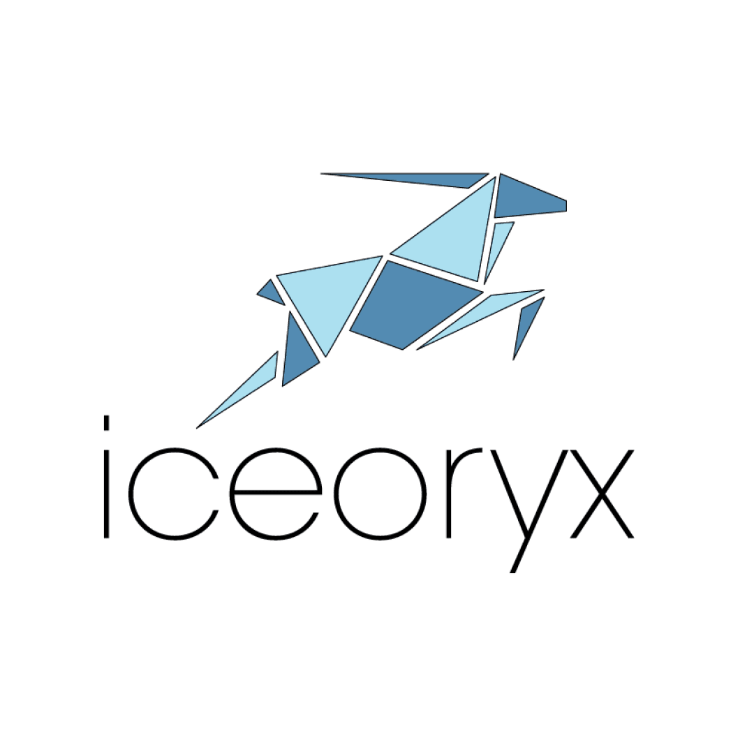 Geometric illustration of an oryx in shades of blue above the word iceoryx in lowercase black letters on a light gray background.