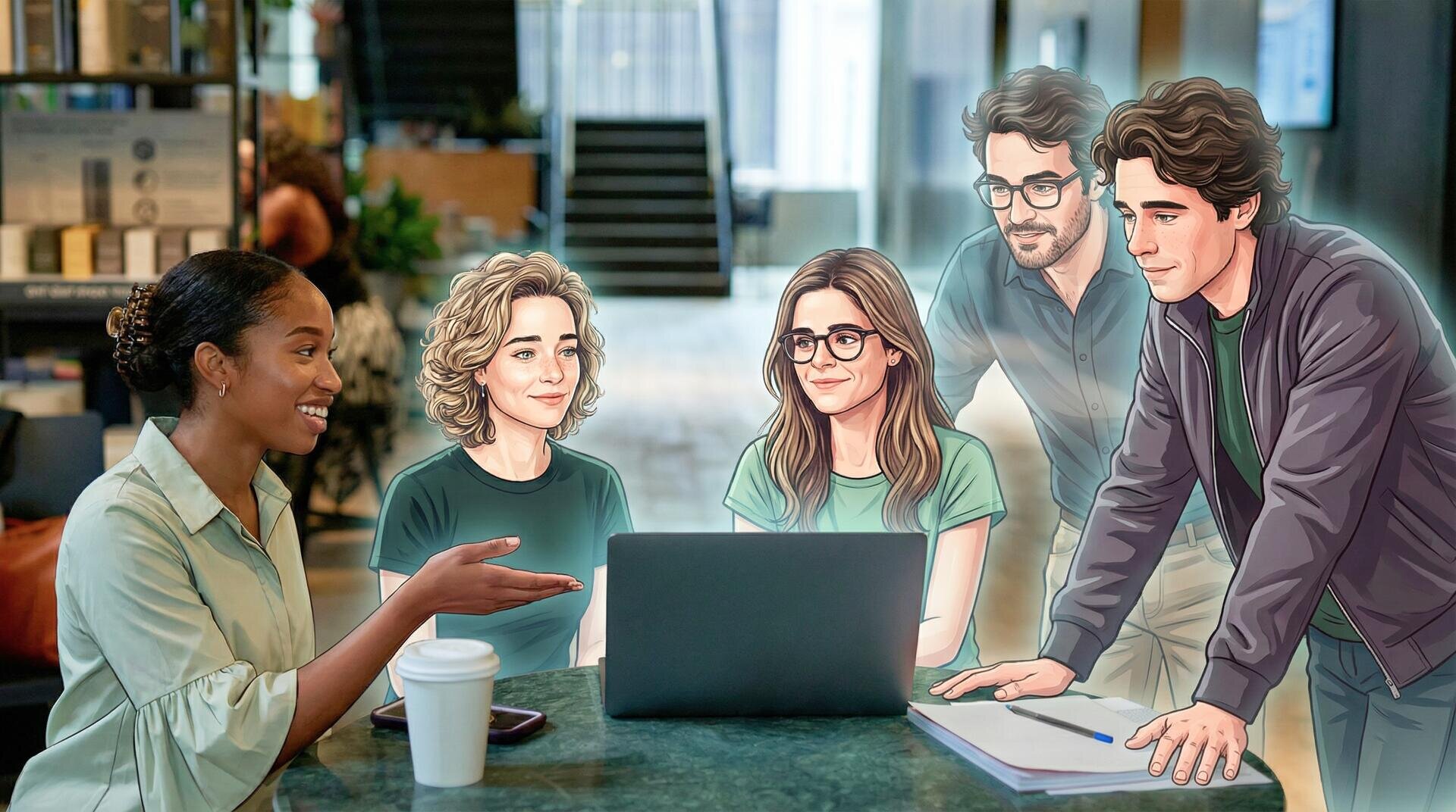 Eine Frau lächelt und gestikuliert, während sie mit Laptop und Kaffeetasse an einem Tisch sitzt und sich mit drei illustrierten Personen unterhält, die in einer modernen Büroumgebung aufmerksam zuhören.