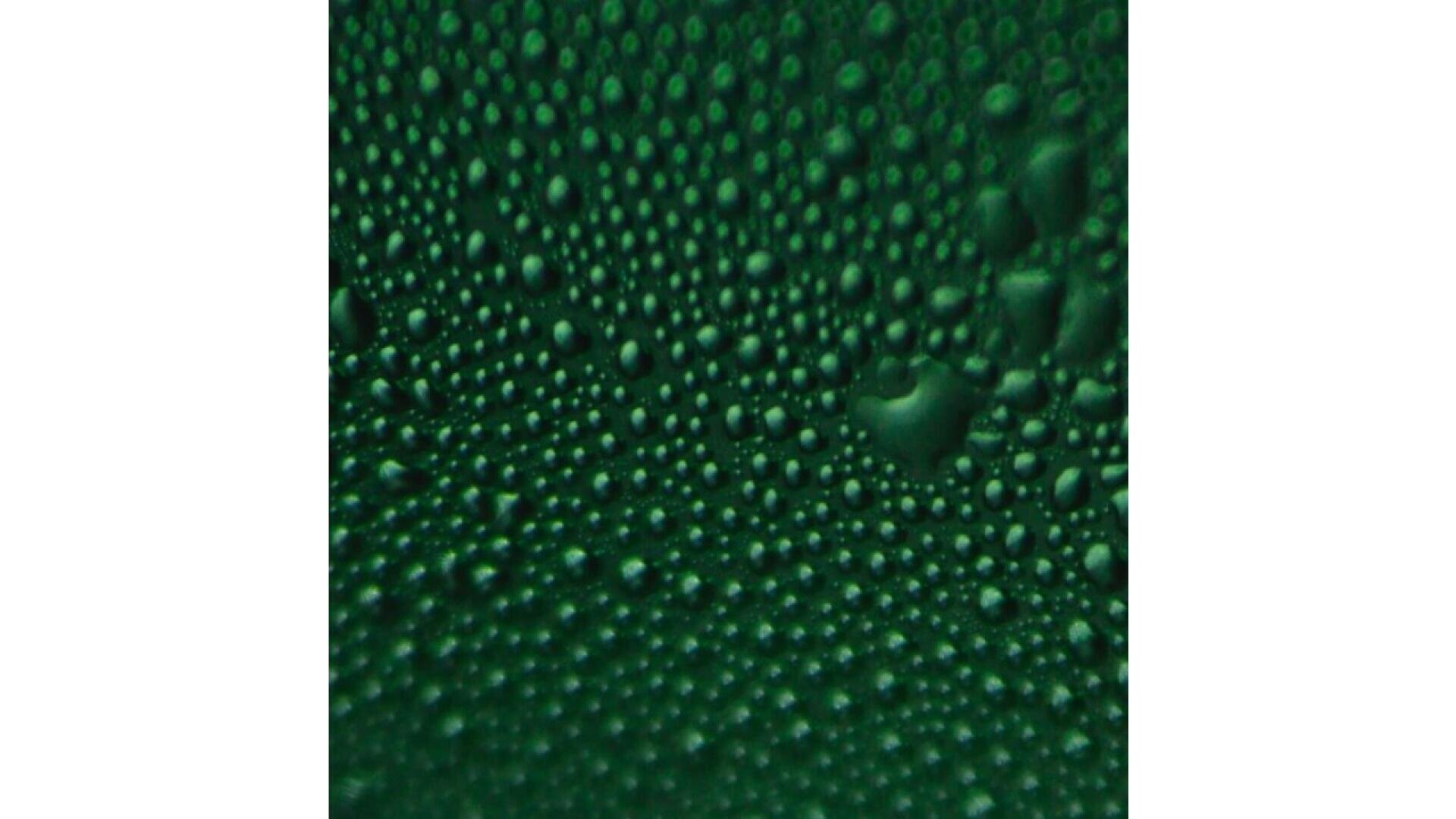 Close-up image of many small water droplets on a dark green surface, creating a textured and dotted pattern.