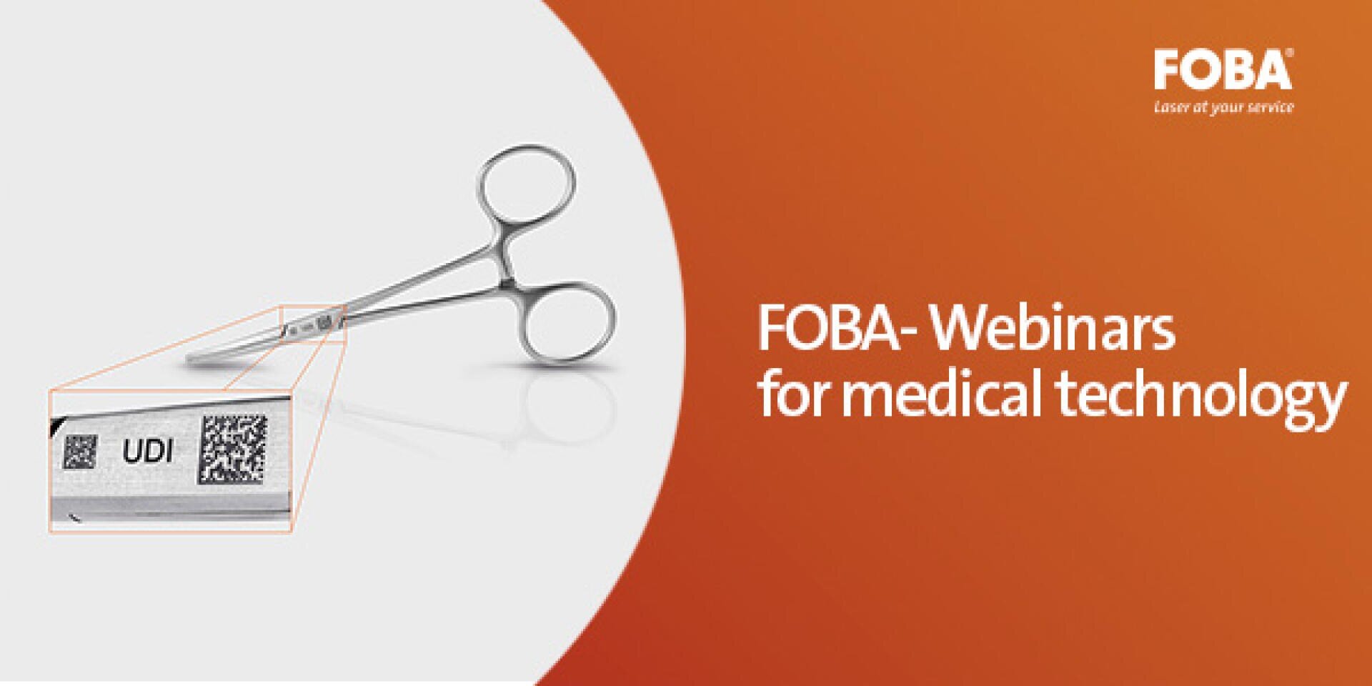 A pair of surgical scissors with a close-up showing a metal part engraved with UDI and a QR code, beside text that reads FOBA-Webinars for medical technology on an orange background.