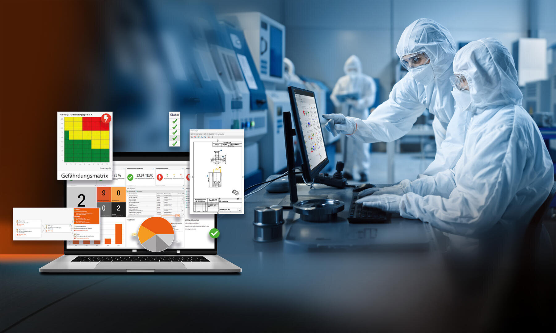 Scientists in cleanroom suits work at computers in a high-tech laboratory, while digital diagrams and documents symbolizing data analysis and research integration are displayed above an open laptop in the foreground.