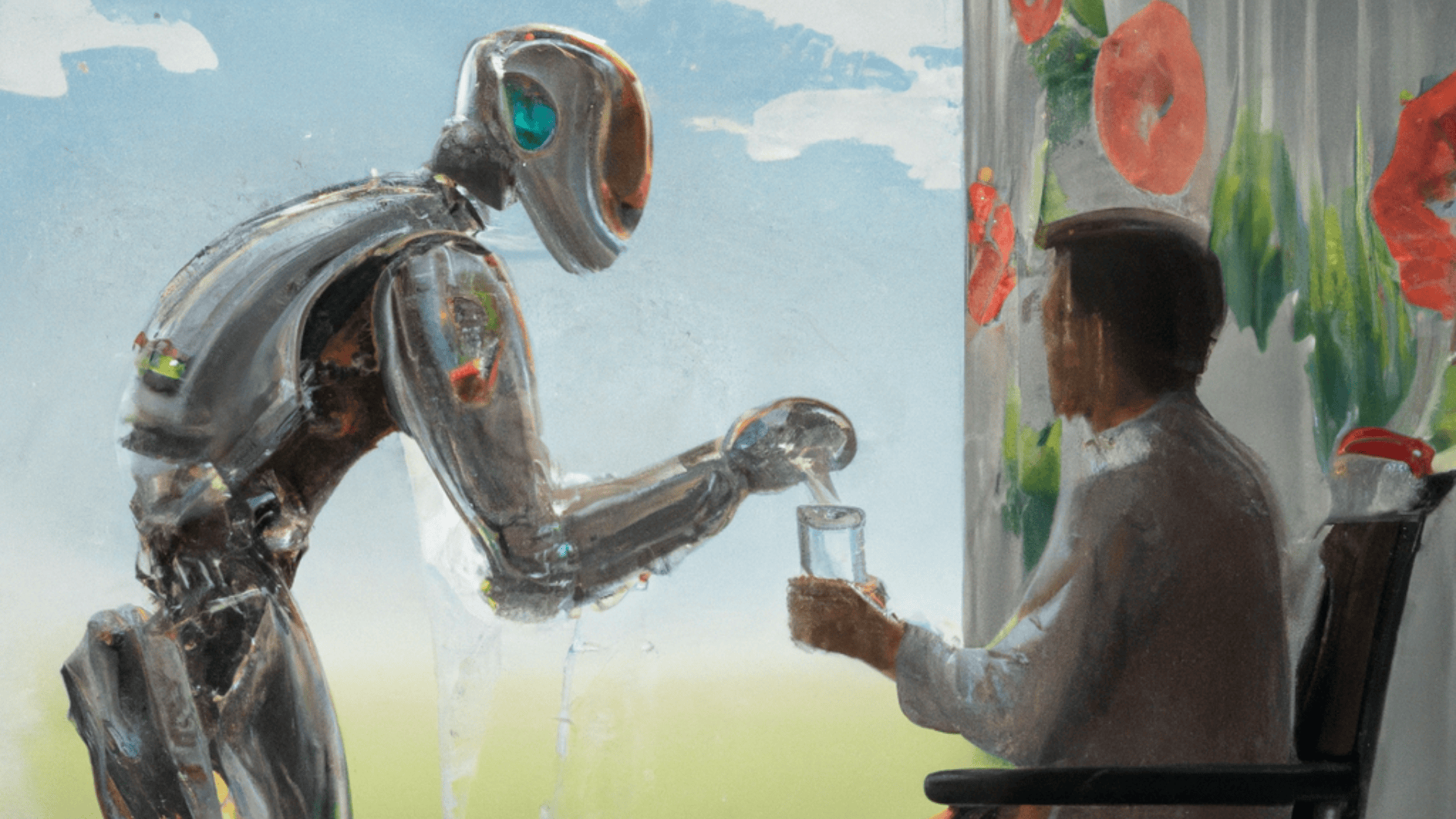 Ein humanoider Roboter reicht einer Person, die im Rollstuhl neben einem Fenster sitzt, aus dem rote Blumen zu sehen sind, ein Glas Wasser.