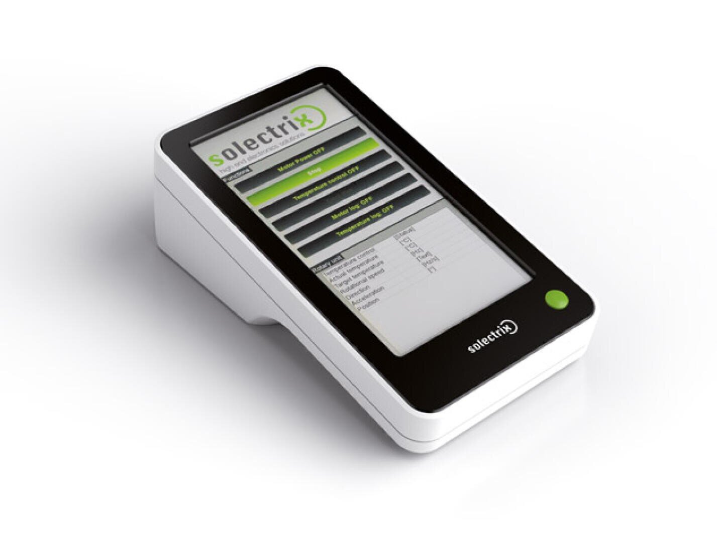 Ein tragbares elektronisches Gerät mit einem Touchscreen, der eine Benutzeroberfläche anzeigt. Der Bildschirm zeigt das Logo solectrix und mehrere auswählbare Menüoptionen. Das Gerät ist weiß mit einer schwarzen Frontplatte und einer einzigen grünen Taste.