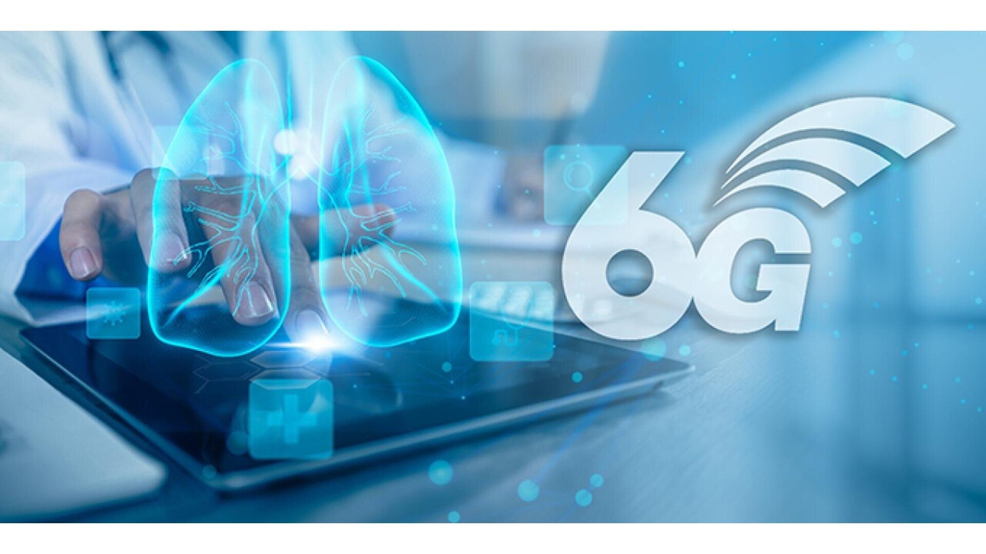 A person uses a tablet displaying a holographic image of lungs next to a large 6G symbol with a wireless signal icon, representing advanced healthcare technology and 6G wireless connectivity.