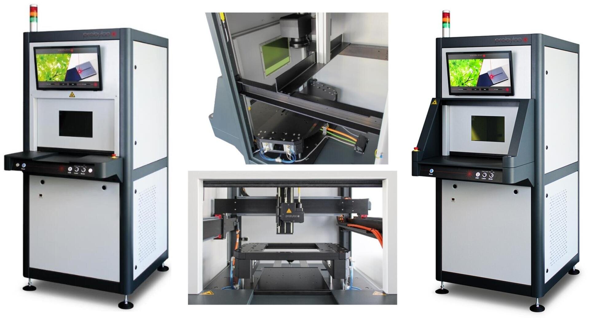 Eine Collage, die eine große Industriemaschine mit einem Bildschirm und einem Bedienfeld, Nahaufnahmen des inneren Arbeitsbereichs und mechanische Komponenten für die Präzisionsfertigung oder -verarbeitung zeigt.