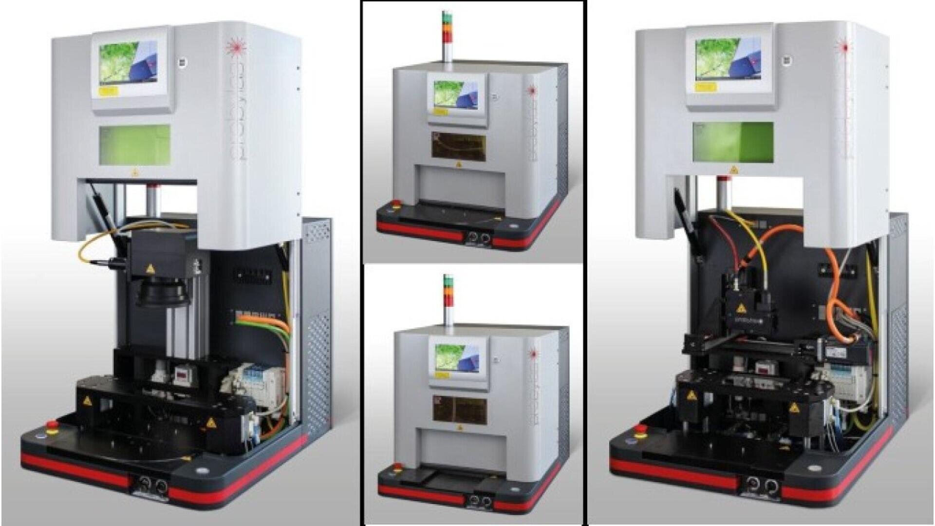 Four views of a white industrial machine with a screen, indicator light, and cables. Two images show the machine closed; two show it open, revealing internal components and wiring.