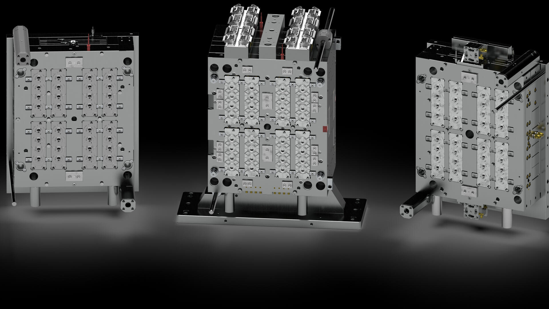 Three detailed views of a complex industrial metal mold with multiple cavities and components shown against a dark gradient background to highlight the mechanical structure and precision engineering.