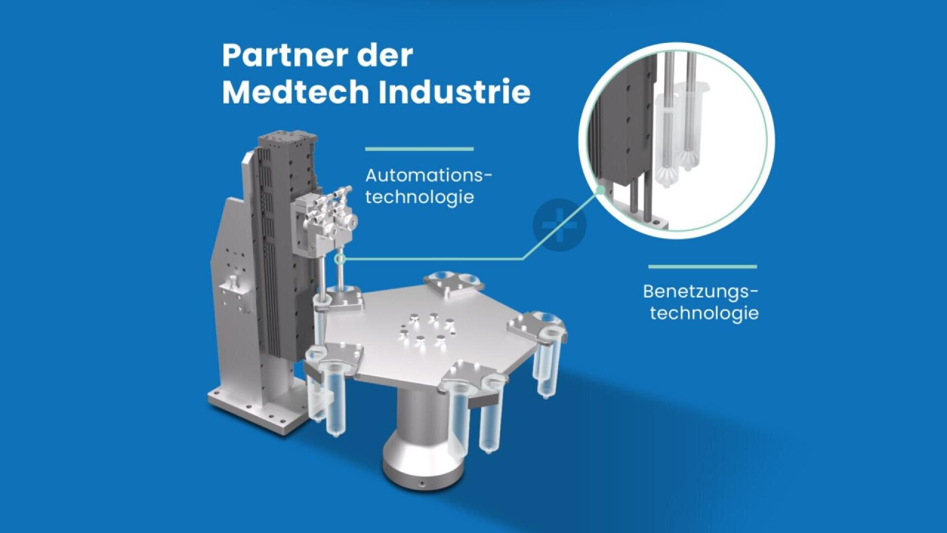 A silver automation device with attached test tubes stands on a blue background. Text in German reads Partner der Medtech Industrie with labels for Automationstechnologie and Benetzungstechnologie.