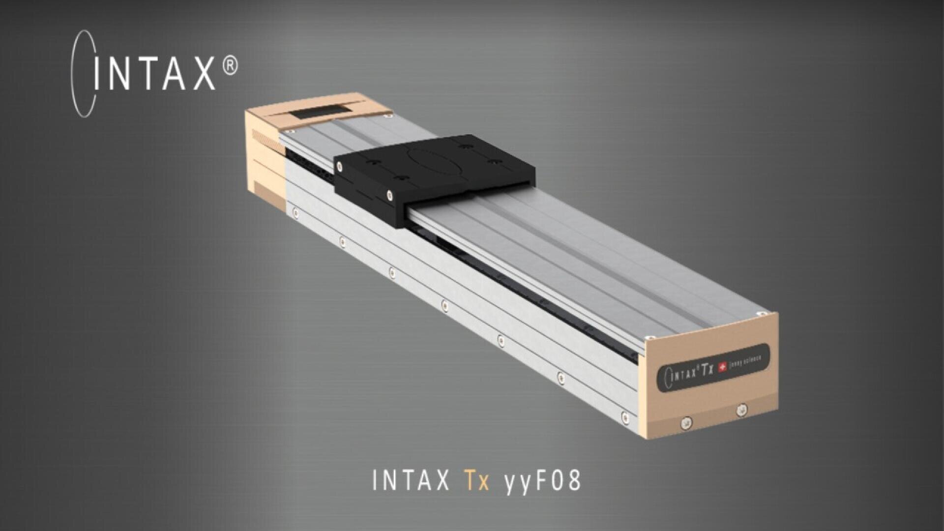 A rectangular linear actuator or stage labeled INTAX Tx yyf08 with a metallic sliding rail and a black moving platform, displayed on a dark gradient background with the INTAX logo in the top left corner.