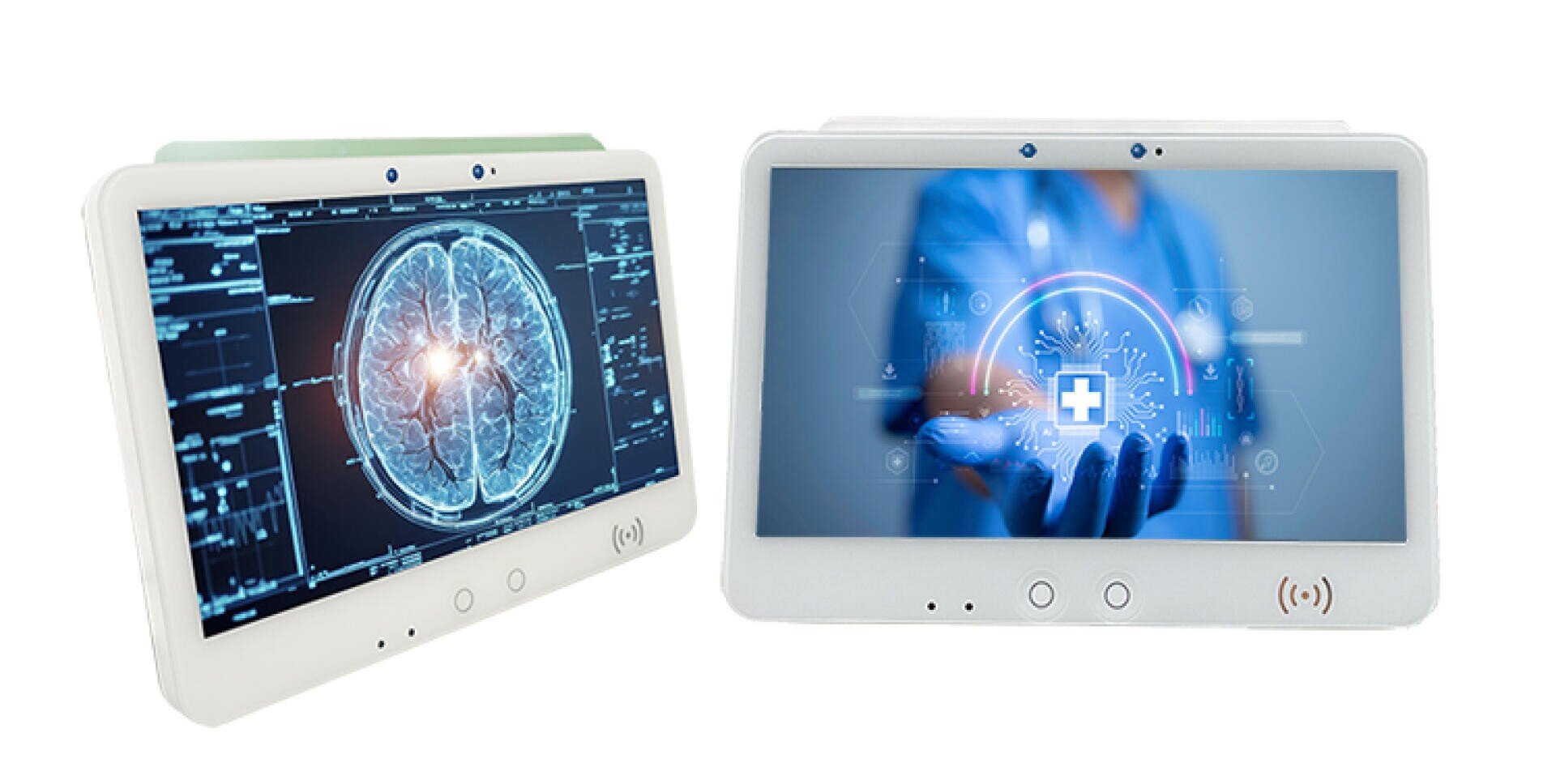 Two white medical tablets are shown. One shows a detailed brain scan, the other a doctor's hand holding a digital health symbol on a blue background.