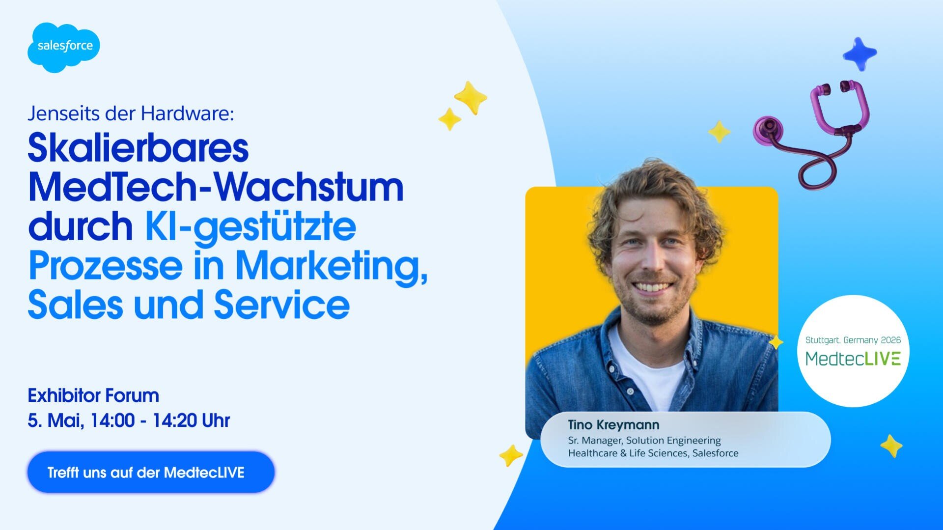 Promotional banner for a MedtecLIVE event featuring Tino Kleymann from Salesforce. Includes event title, date, time, location, a stethoscope graphic, and a photo of Tino Kleymann on a blue gradient background.