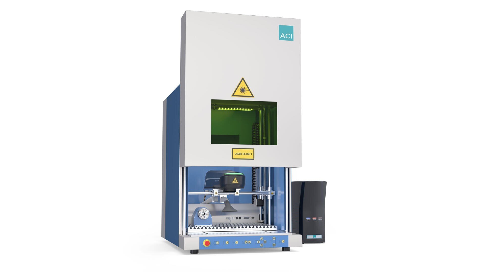 Eine Lasergravurmaschine mit einem Bedienfeld an der Unterseite, einem Fenster, das den Laserbereich anzeigt, Sicherheitswarnschildern und einer angrenzenden schwarzen Komponente auf der rechten Seite.