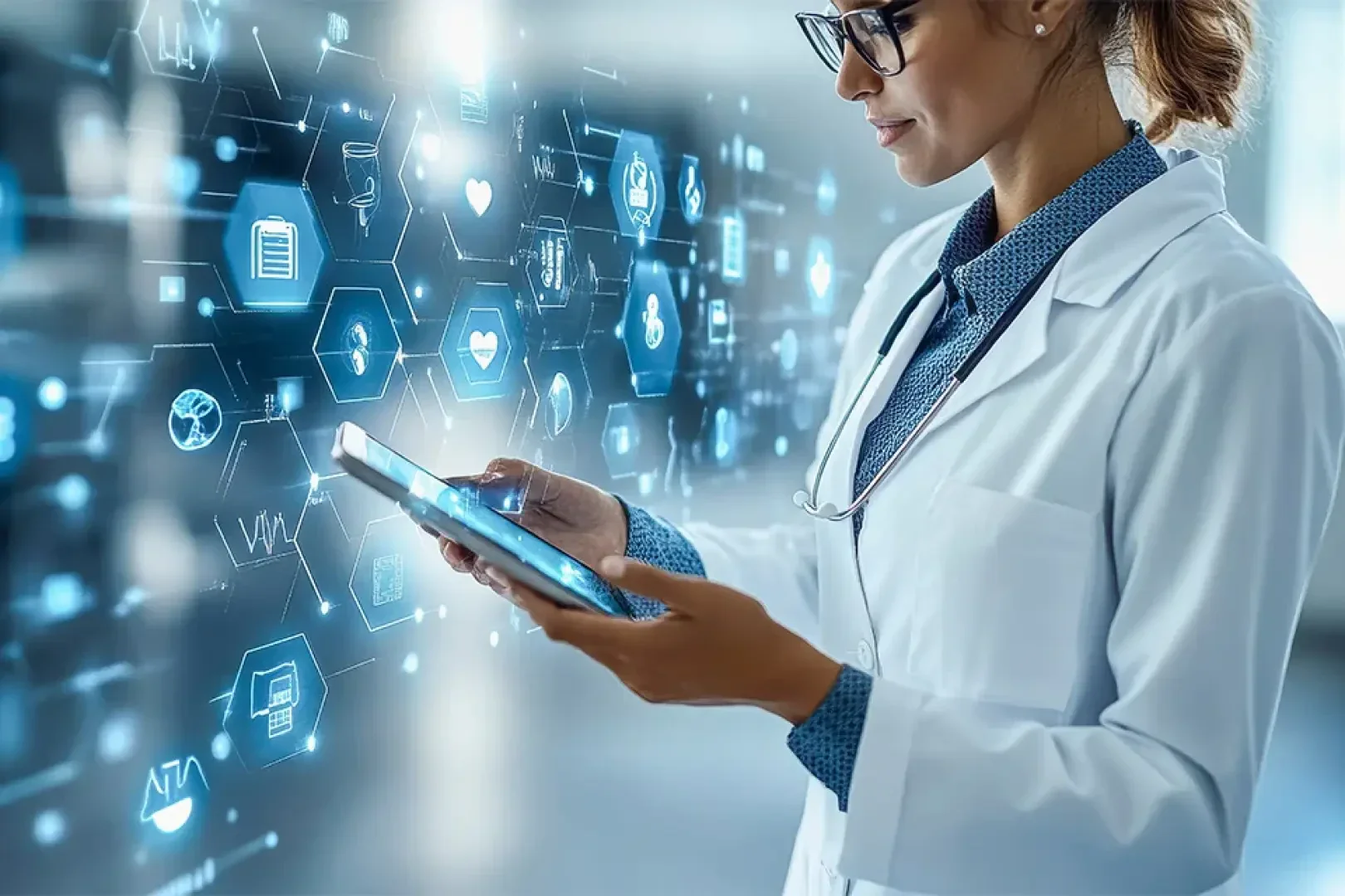 Eine Ärztin in weißem Kittel und mit Brille bedient ein Tablet, um sie herum schweben digitale medizinische Symbole und Datenhologramme, die fortschrittliche Gesundheitstechnologie symbolisieren.