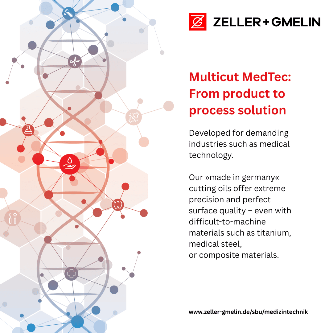 Promotional graphic for Zeller+Gmelin’s Multicut MedTec cutting oils, highlighting their precision and suitability for medical technology and hard-to-machine materials, with molecular and medical-themed icons in the background.
