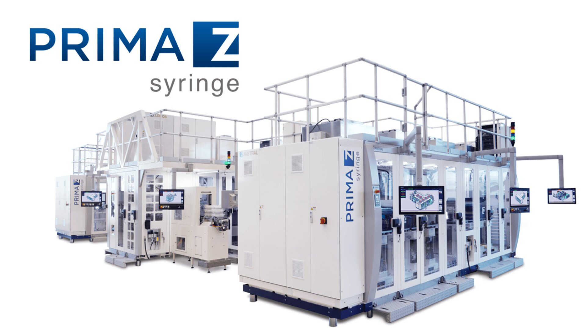 Drei große, weiße industrielle Spritzenherstellungsmaschinen mit der Aufschrift PRIMA Z stehen in einer Reihe, jede mit einem digitalen Bildschirm, unter dem PRIMA Z Spritzenlogo auf weißem Hintergrund.