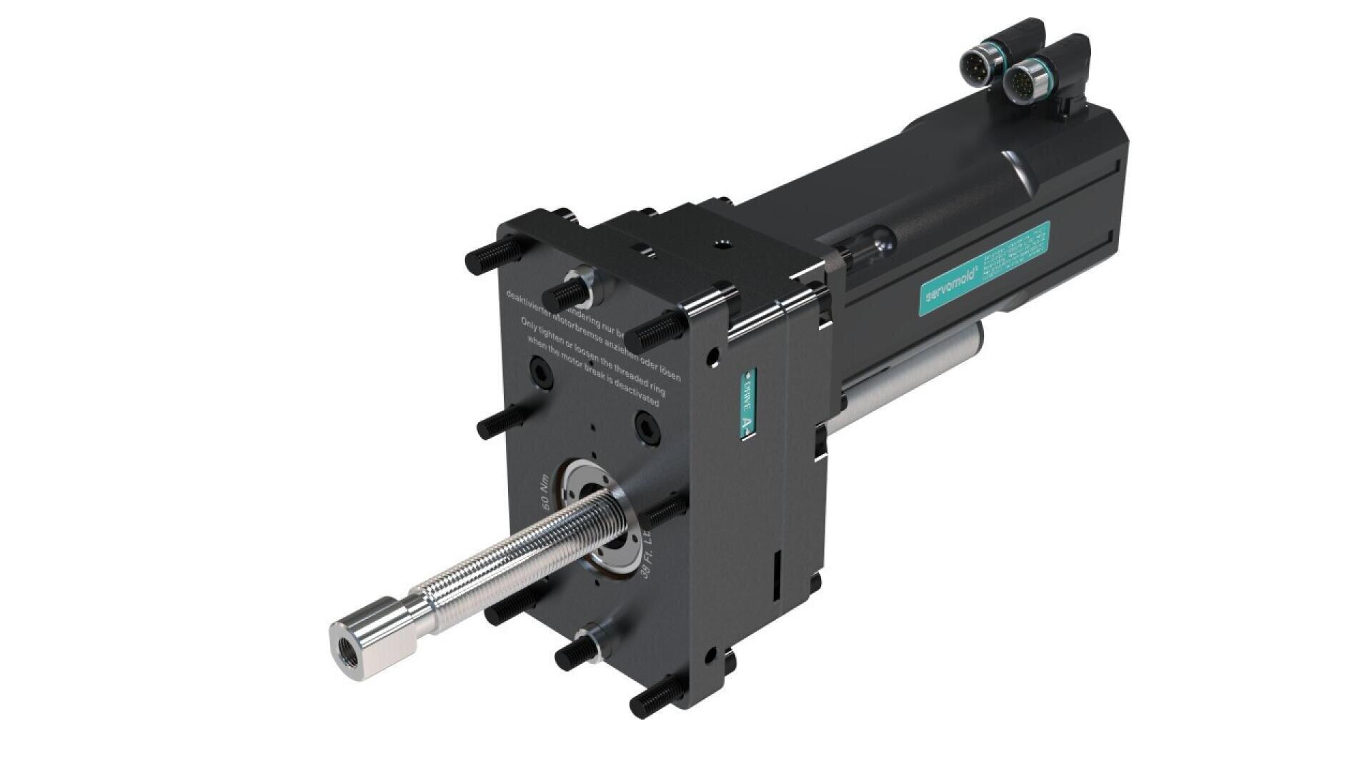 A black and silver electric linear actuator with visible wiring connectors and a metal rod extending outward, set against a white background.