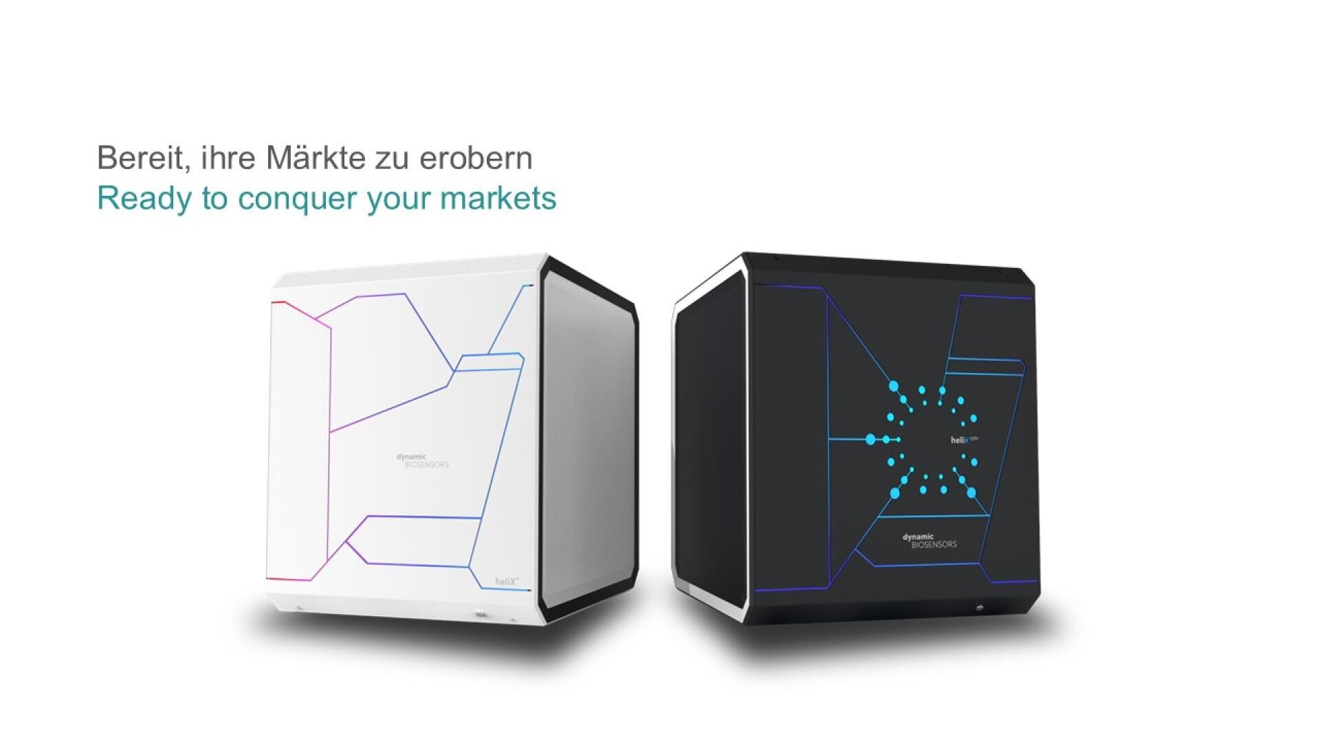 Two cube-shaped electronic devices, one white with purple accents and one black with blue accents, display circuit-like designs. Text above reads, Bereit, ihre Märkte zu erobern / Ready to conquer your markets.