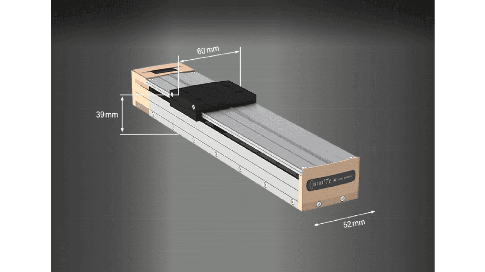 Rectangular linear actuator with labeled dimensions: 60 mm length, 39 mm height, and 52 mm width; features a sliding black carriage on a metallic rail, displayed on a gradient background.