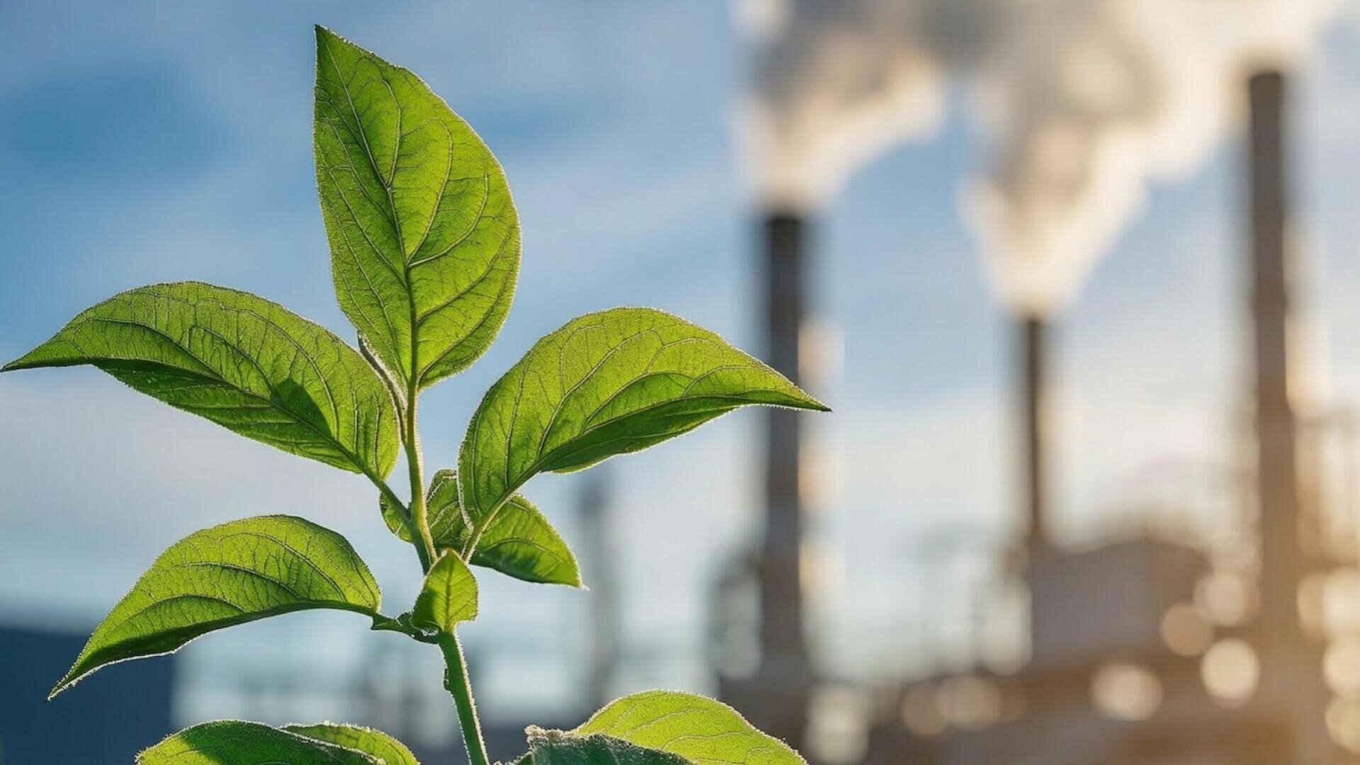 A close-up of a green plant in the foreground with an industrial factory and chimneys emitting white smoke in the blurred background, symbolizing the contrast between nature and pollution.