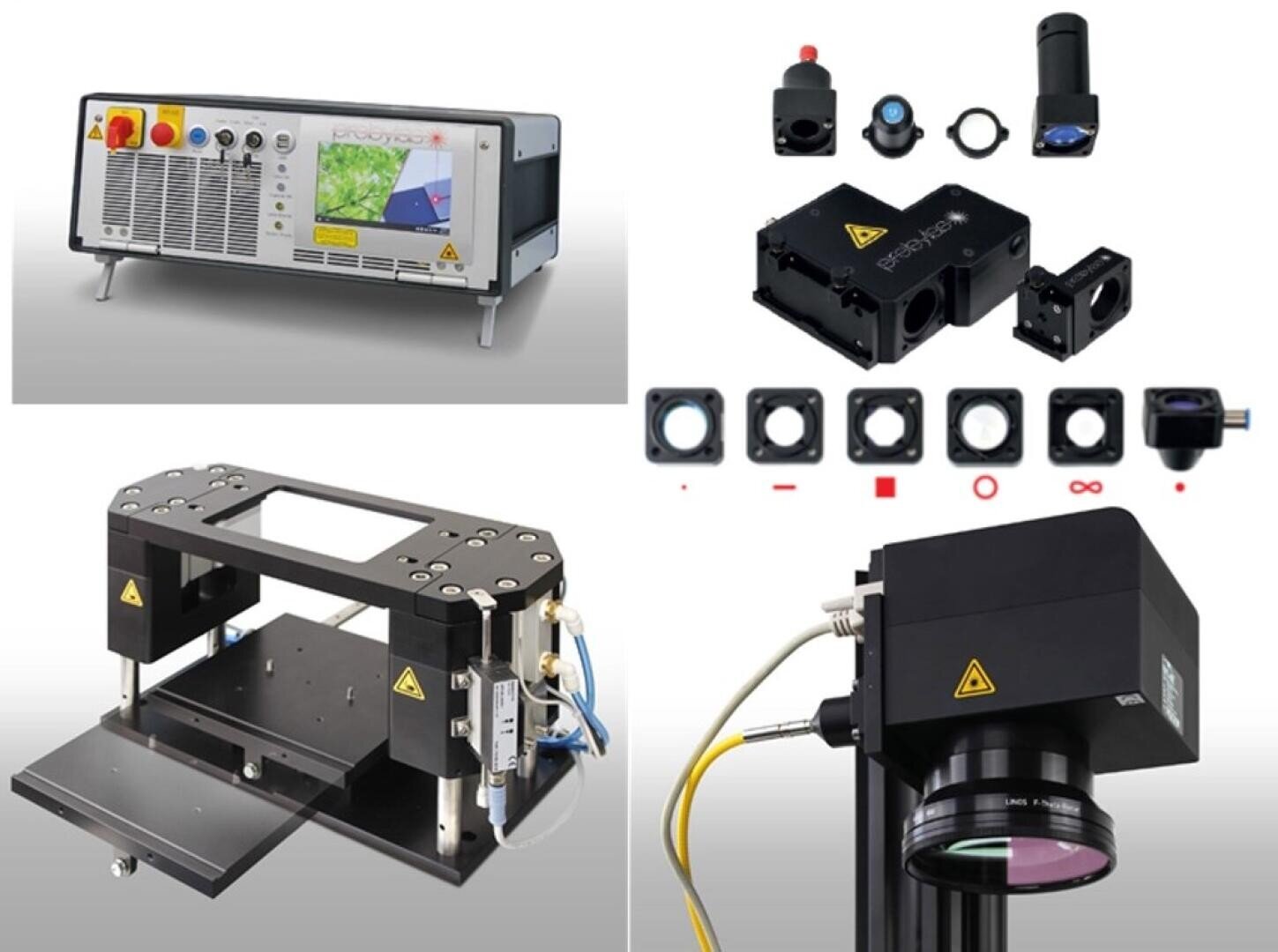 Eine Collage aus vier Bildern zeigt verschiedene Lasergravur- und -markierungsgeräte, darunter eine Steuereinheit, Linsenmodule, eine Markierungsmaschine mit offenem Rahmen und eine Nahaufnahme eines Lasermarkierungskopfes mit angeschlossenen Kabeln.