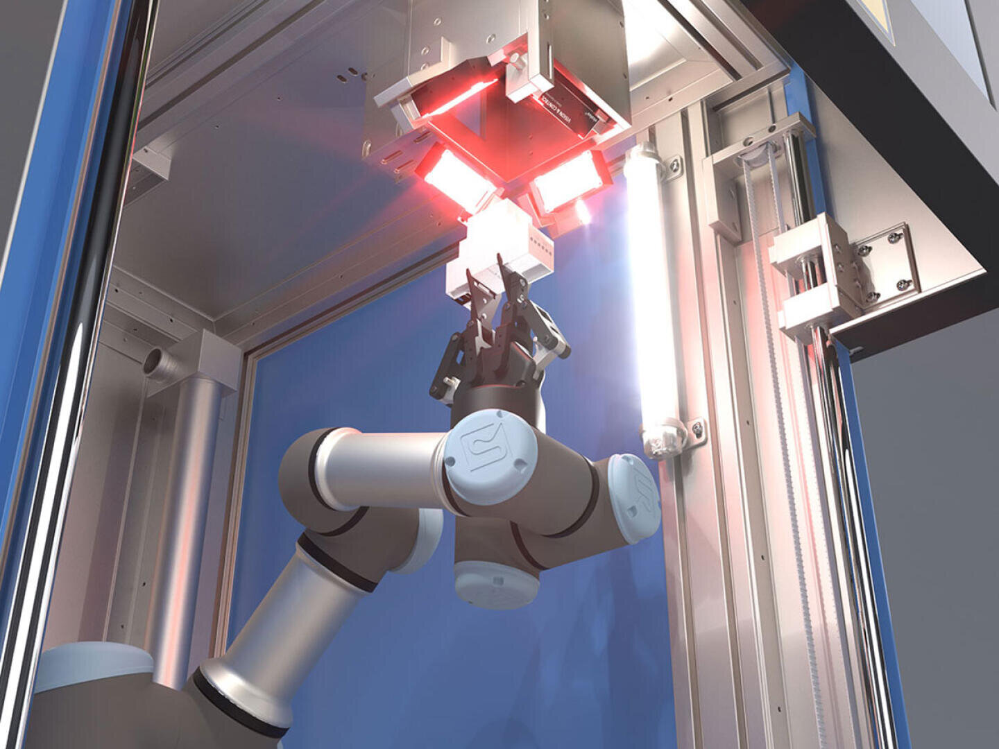 Ein Roboterarm bewegt sich in einem Industriegehäuse und interagiert mit seinem Greifer mit Bauteilen unter hellroter Beleuchtung und in einer metallischen Umgebung.