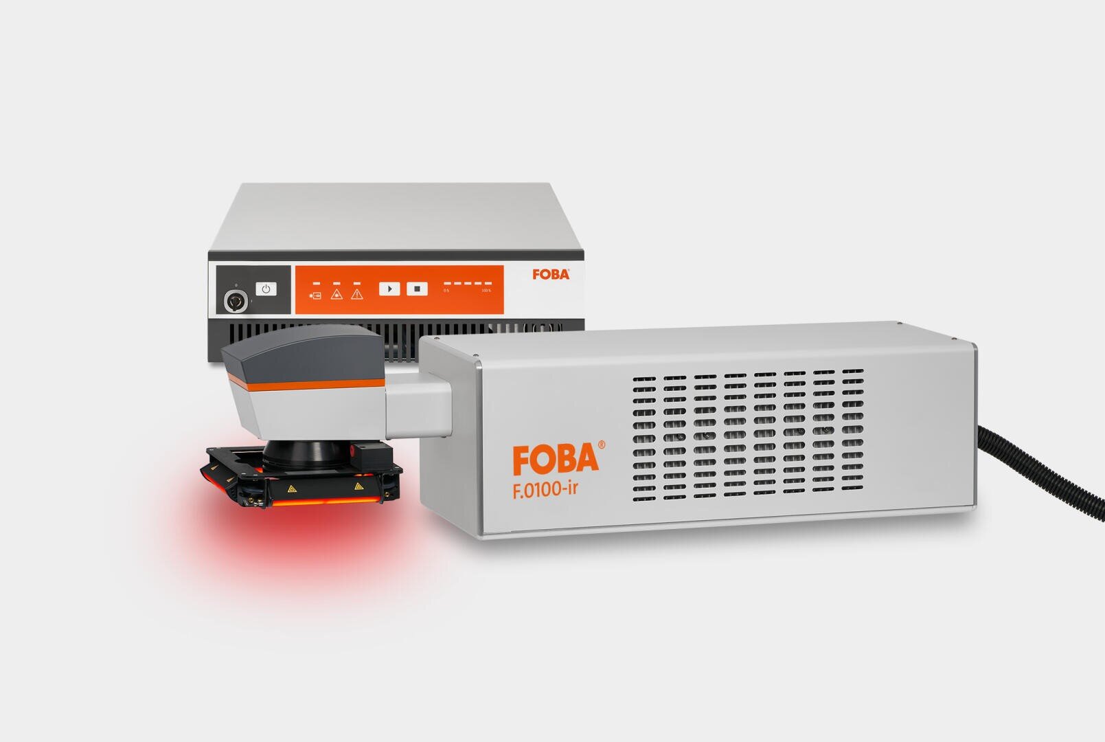A FOBA F.0100-ir industrial laser marking machine with a control unit and a laser head emitting a red light, shown against a plain white background.