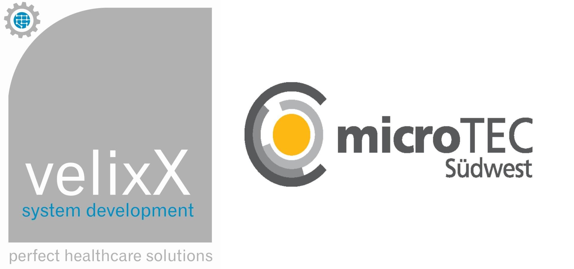 Logos zweier Organisationen: links ein graues Quadrat mit darunter velixX system development und perfect healthcare solutions, rechts das Logo von microTEC Südwest mit stilisiertem C und gelbem Kreis.