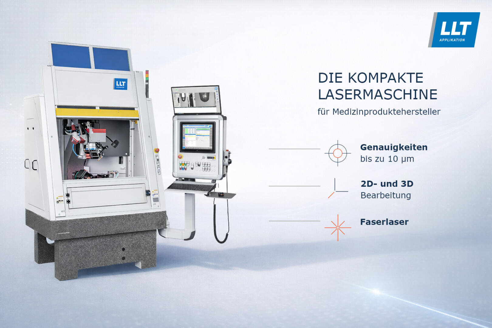 Eine kompakte Lasermaschine mit einem Bedienfeld der Marke LLT wird gezeigt, wobei die Präzision (bis zu 10 µm), die 2D- und 3D-Bearbeitungsmöglichkeiten und die Verwendung eines Faserlasers für die Herstellung medizinischer Geräte hervorgehoben werden.