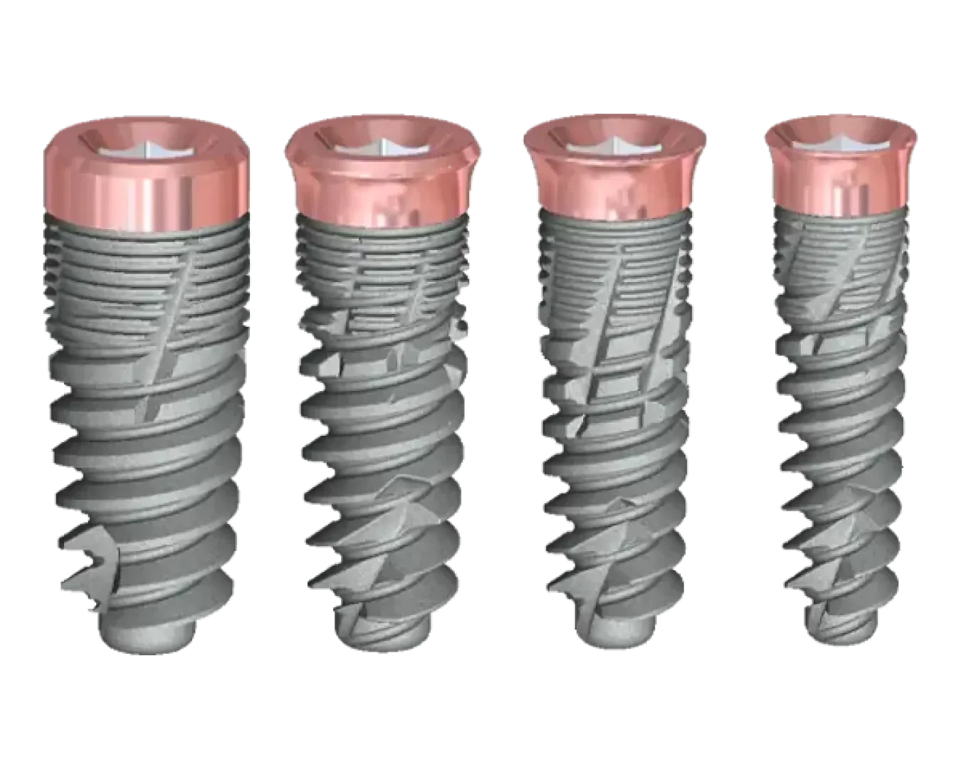 Four metallic dental implants with threaded bodies and tapered tips are shown upright, each with a pink, reflective top. The implants show different thread shapes and angles.