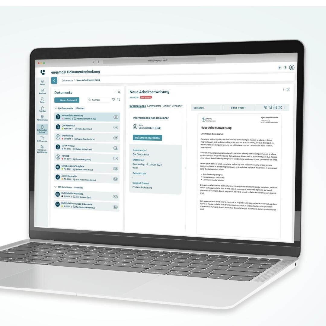 A laptop displaying document management software, with a list of documents on the left and the contents of a selected document on the right. The text on the screen is in German.