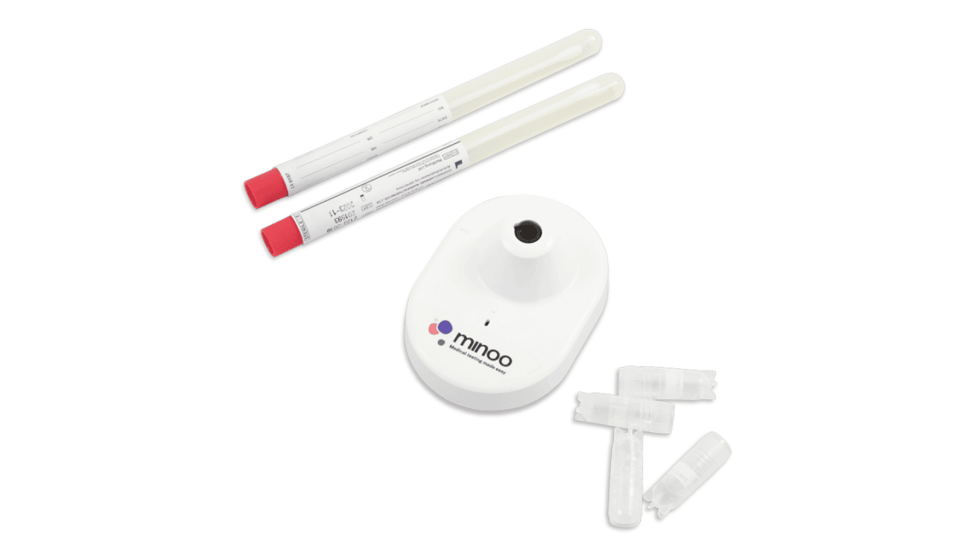 A saliva DNA test kit with two swabs, a white plastic collection device labeled “mimoo,” and three clear plastic caps, all on a white background.