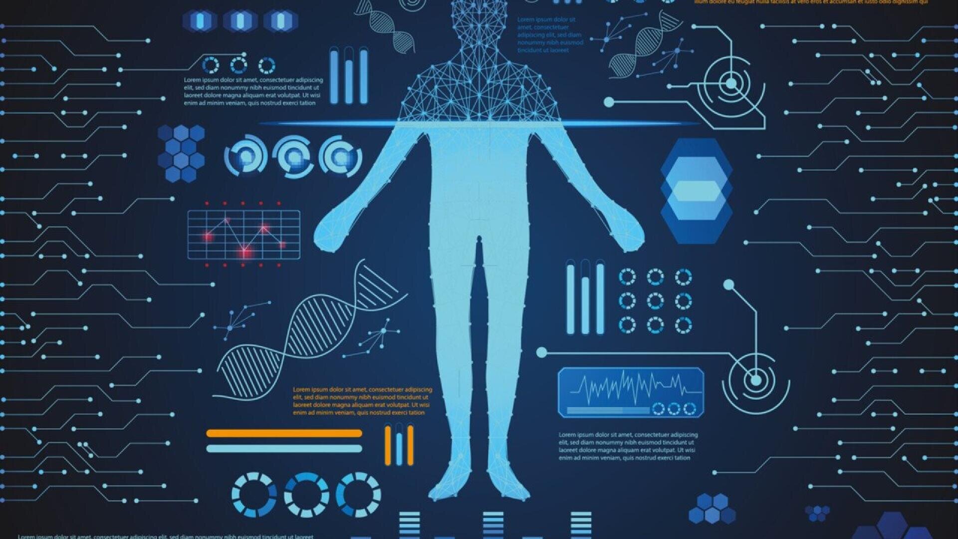 Digital illustration of a human silhouette surrounded by various technological and scientific graphics, including DNA strands, data charts, hexagons, graphs, and interface elements on a dark blue background.