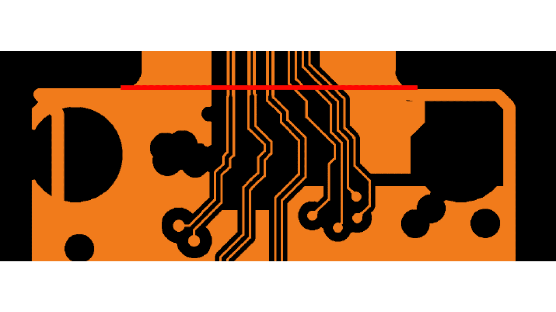 Ein orange-schwarzes Leiterplattenlayout (PCB) mit mehreren gebogenen und geraden schwarzen Spuren, runden Pads und einer roten horizontalen Linie oben im Bild.